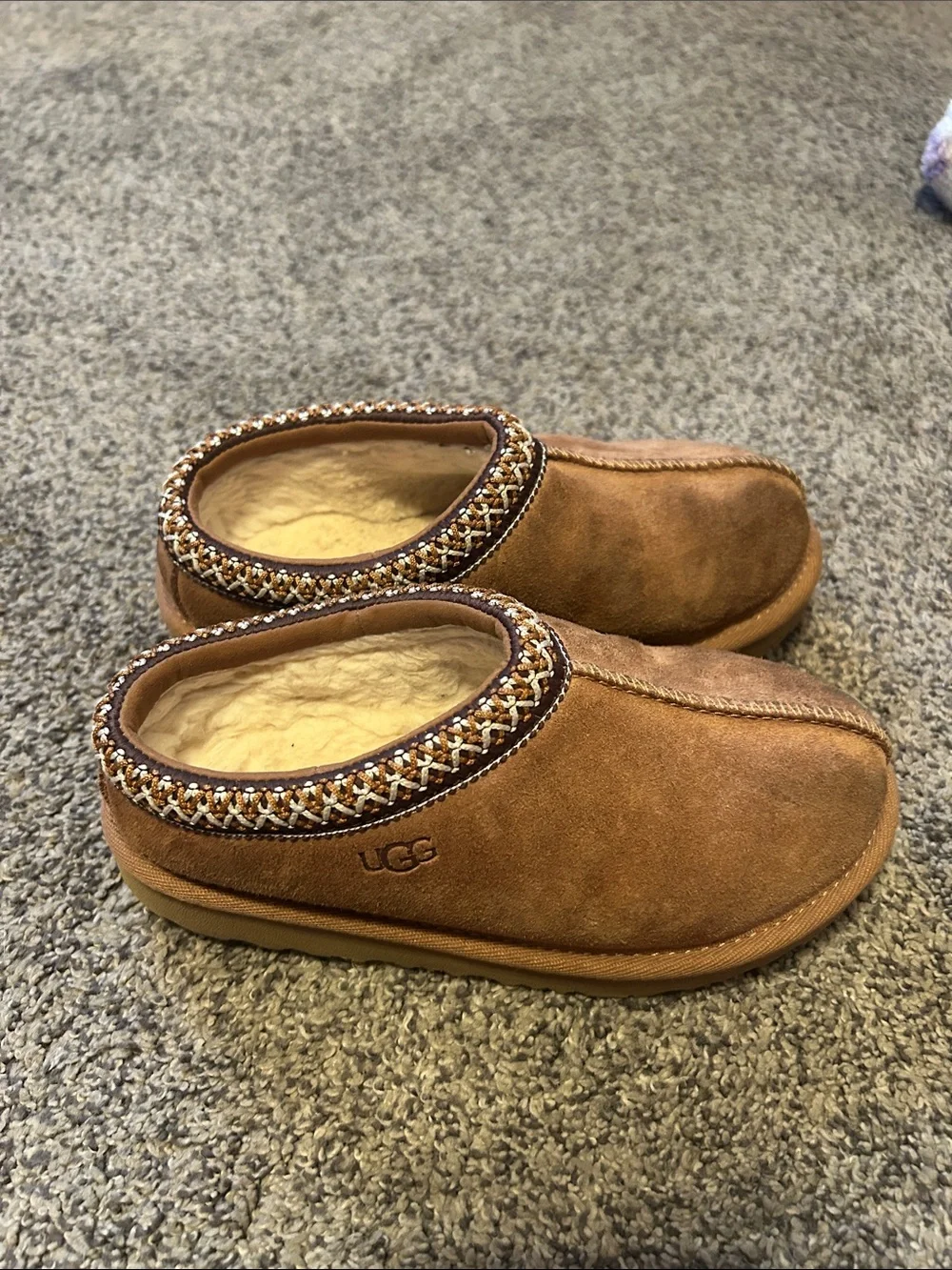 UGG Kids Chestnut Brown Suede Shearling Clog Slippers